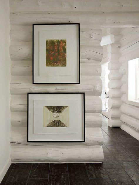 Rustic log house gets a dreamy transformation in Jackson Hole White Washed Cabin Walls, White Washed Cabin, White Wash Log Cabin Interior, Covering Log Cabin Walls, White Washed Log Cabin Interior, White Wash Log Cabin Walls, White Log Cabin Interiors, Log Walls Interior, Painted Log Cabin Interiors