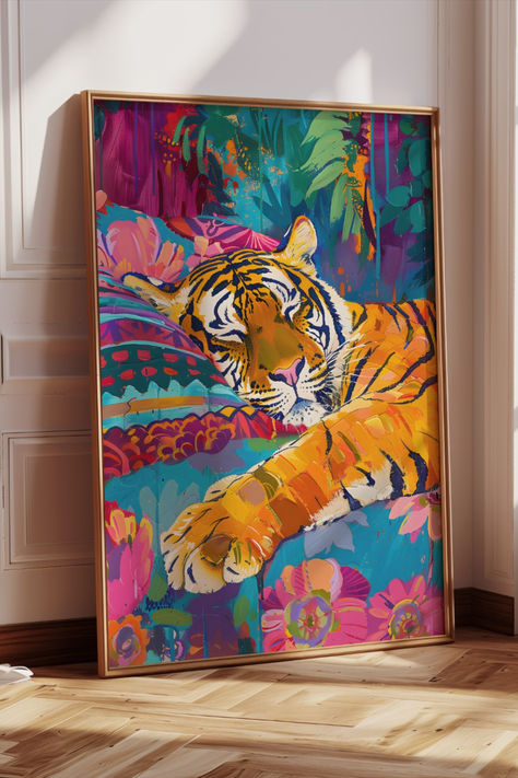 Elevate your space with our vibrant Maximalist Eclectic Tiger digital wall art print! Perfect for adding a splash of the bright color aesthetic to any room, this downloadable dopamine wall art piece bring a fresh and lively touch to your decor. Download and Print today! Bright Color Aesthetic, Vibrant Maximalist, Maximalist Eclectic, Tiger Wall Art, Color Aesthetic, Animal Canvas Art, Muse Art, Animal Canvas, A Level Art