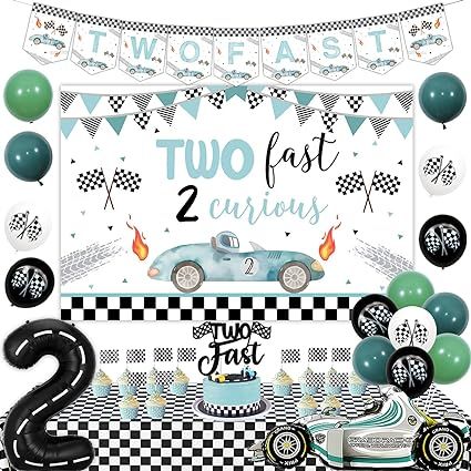 Two Fast 2 Curious Decoration for Boys Girls, Vintage Two Fast Birthday Decorations Backdrop Cake Cupcake Topper Checkered Tablecloths Racing Car Number 1 Foil Balloon for 2 Year Old Birthday Fast Birthday Decorations, Two Fast 2 Curious, Balloon Helium, Two Fast Birthday, Car Themed Parties, Car Birthday Theme, Checkered Tablecloth, Torte Cupcake, Childrens Birthday Party