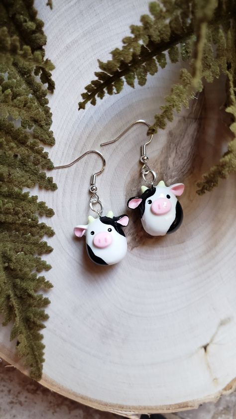 Connor The Cow Squishmallow Clay Dangle Earrings | Hypoallergenic | Lightweight Cow Clay, Polymer Clay Cow, Clay Cow, Cow Squishmallow, Cow Earrings, Clay Works, Clay Dangle Earrings, Sculpture Art Clay, Clay Stuff