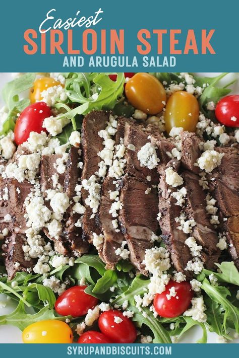 This Sirloin Steak Arugula Salad is made with thinly sliced cold sirloin steak atop lightly dressed arugula. Cherry tomatoes are added to the side and the blue cheese crumbles get sprinkled on top. Steak Arugula Salad, Steak And Arugula, Dressed Arugula, Steak Blue Cheese, Salad Arugula, Blue Cheese Crumbles, Satisfying Salads, Sirloin Steak, Impressive Recipes