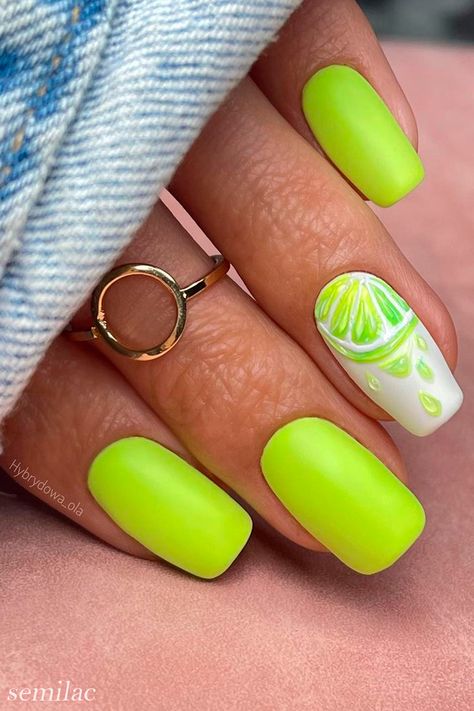 Short Lime Green Neon Nails with Fruit Nail Art Check more at https://mangadexx.com/short-lime-green-neon-nails-with-fruit-nail-art/ Nails With Fruit, Green Neon Nails, Lime Nails, Theme Nails, Lime Green Nails, Trendy Summer Nails, Fruit Nail Designs, Classy Nail Art Ideas, Lime Fruit