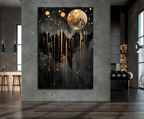 Black And Gold Abstract Art, Bedroom Painting Ideas Canvas, Black Gold Painting, Black And Gold Art, Silhouette Decor, Canvas Wall Art Abstract, Gold Art Painting, Night Sky Painting, Mountain Silhouette