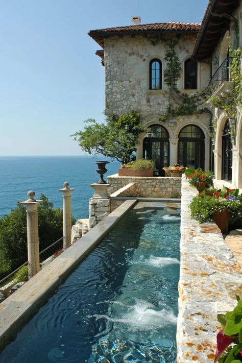 56 Stunning French Country House Exteriors Bonito, Balcony In House, French Beach Style House, French Country Beach House, Country House Exteriors, Luxury House Pool, Dream Home Exteriors, French House Exterior, French Countryside House