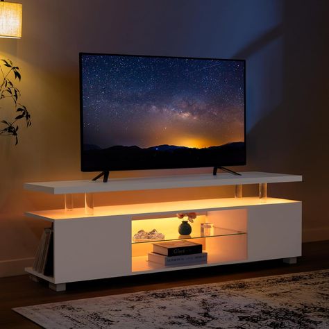 White TV Stand for 65 70 inch TV Modern LED TV Console Entertainment Center with Storage for Living Table Television Moderne, Living Room Tv Decor, Modern Luxury Apartment, Tv Stand White, Bedroom Tv Stand, Tv Entertainment Centers, Tv Stand Decor, Tv Stand Designs, Led Tv Stand