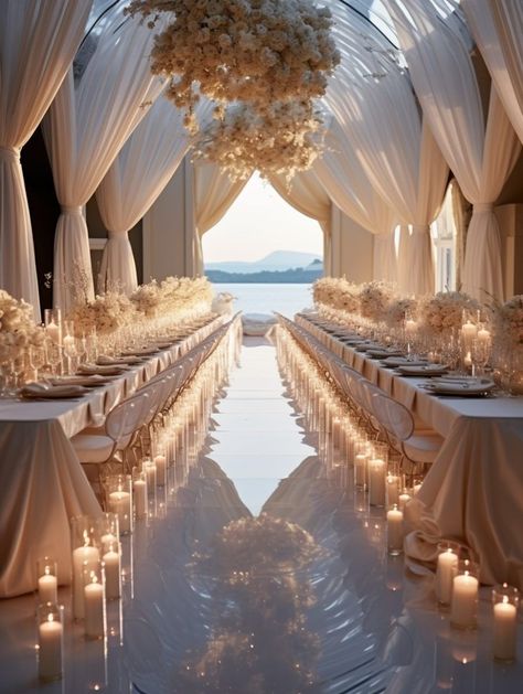 Event Venue Design Modern, 2024 Wedding Decor, Modern Minimalist Wedding Reception, Seaside Wedding Decor, Sophisticated Wedding Reception, Luxury Beach Wedding, Elegant Wedding Decorations, Wedding Venue Decor, Elegant Beach Wedding