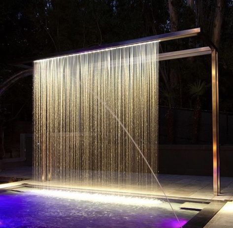 Indoor Water Curtain, Rain Fountain Outdoor, Rain Curtain Water Feature Pool, Water Feature Wall Indoor, Outdoor Fountain Ideas Landscaping, Waterwalls Outdoor, Rain Curtain Water Feature, Rain Fountain, Water Curtain Wall