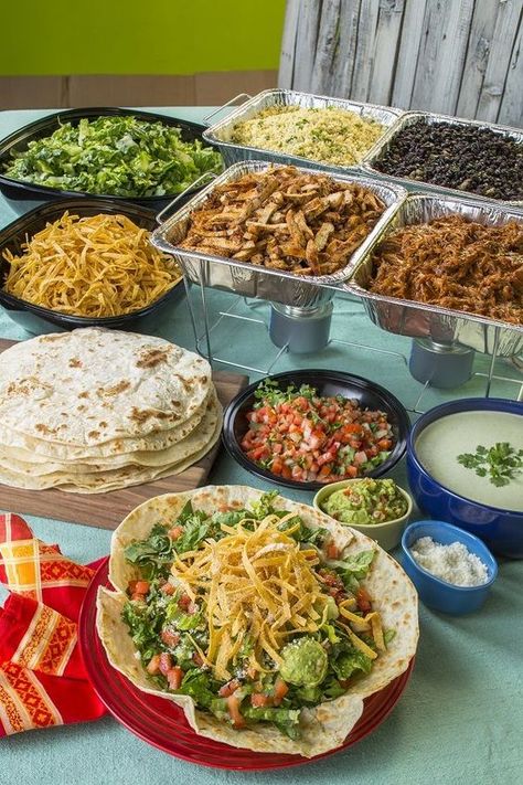 10 Crowd Pleasing Food Bar Ideas For A Party | The Unlikely Hostess Taco Bar Party Buffet Ideas, Burrito Bar Party Ideas, Mexican Bar For Party, Taco Fiesta Party Food, Fajita Table Set Up, Fancy Dinner Food Ideas, Arranging Food For Party, Mexican Food Party Buffet Taco Bar, Burrito Buffet Ideas