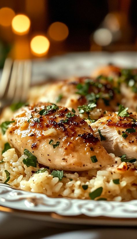 This Chicken with Garlic Parmesan Rice is a delicious one-pan meal that’s perfect for busy weeknights. Juicy, seasoned chicken breasts are cooked to perfection and served over a bed of creamy garlic Parmesan rice. The rice is infused with the rich flavors of garlic, butter, and Parmesan, making it the perfect side dish for the tender chicken. It’s an easy, comforting meal that’s packed with flavor and sure to become a family favorite. Chicken With Garlic Parmesan Rice, Garlic Parm Chicken And Rice, Garlic Butter Chicken And Parmesan Rice, Chicken Breast Rice Recipes, Creamy Garlic Parmesan Rice, One Pan Creamy Parmesan Chicken And Rice, Garlic Butter Chicken And Rice, Garlic Parmesan Chicken And Rice, Chicken Breast With Rice