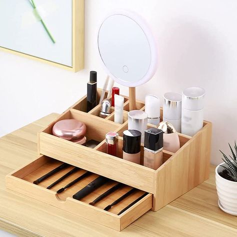 Vanity Desk Bedroom, Wood Makeup Organizer, Counter Top Storage, Wooden Makeup Organizer, Bamboo Bathroom Accessories, Makeup Storage Drawers, Home Library Decor, Organize Bathroom Countertop, Bathroom Counter Organization