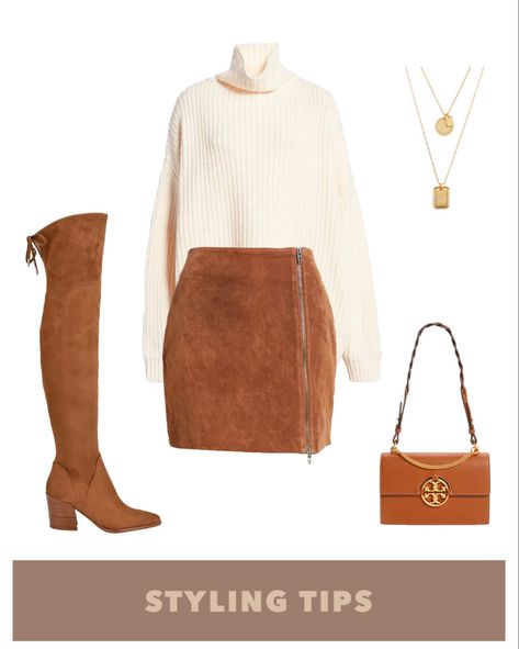 Skirt Outfits Date Night, Over The Knee Boot Outfit Fall, Suede Skirt Outfit Fall, Camel Skirt Outfit, Orange Skirt Outfit, Sneaker Outfit Fall, Brown Skirt Outfit, Suede Skirt Outfit, Fall Skirt Outfits