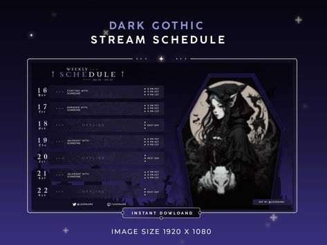 Gothic Stream Overlay, Stream Schedule Template, Vtuber Overlay, Stream Schedule, Weekly Template, Weekly Schedule Template, Photo Editing Websites, Twitch Banner, Photoshop Video Tutorials