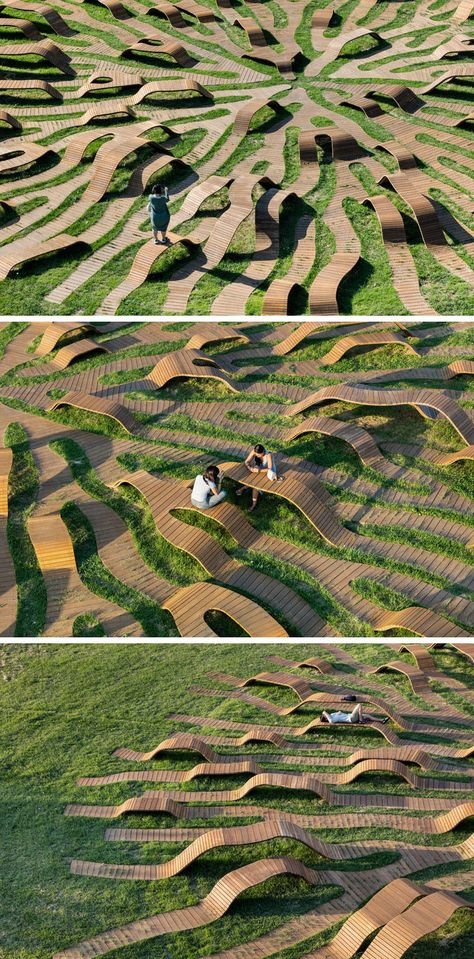 Yong Ju Lee Architecture have designed the Root Bench, a circle-shaped piece of public furniture that has a diameter of 30m, is installed in grass, and has the shape that's inspired by a root spreading throughout the park. #PublicFurniture #Art #Sculpture #Design Public Furniture, Sculpture Design, Yongin, Landscape Architecture Design, Parking Design, Landscaping Tips, Zaha Hadid, Landscape Projects, Urban Planning