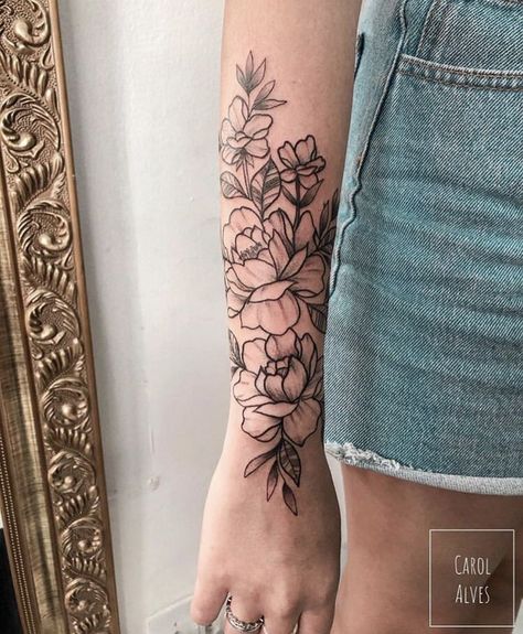 Fineline Tattoo Ideas Forearm, Lower Arm Flower Tattoo, Flower Lower Arm Tattoo, Floral Lower Arm Tattoo, Girly Forearm Tattoo, Lower Forearm Tattoo Woman, Forearm Flower Tattoo Women, Women’s Forearm Tattoo, Lower Arm Tattoos For Women