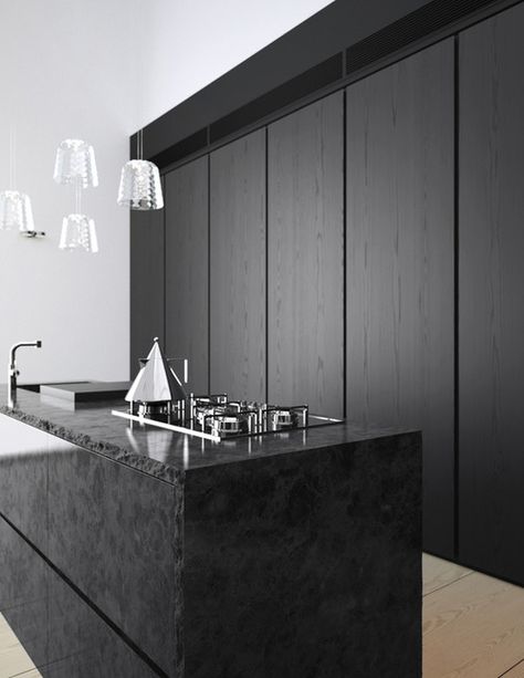 cool black wood grain cabinets and like the lighting too Masculine Kitchen, Black Kitchen Design, Black And White Kitchen, Minimalist Kitchen Design, Contemporary Apartment, Contemporary Kitchen Design, 아파트 인테리어, Black Kitchen, Decoration Inspiration