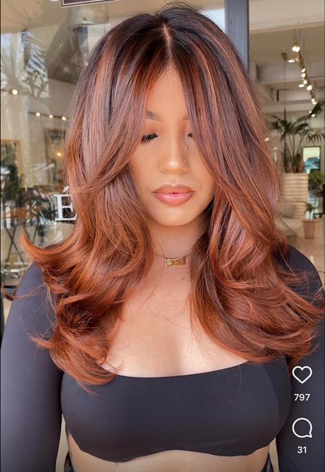 Copper Black Balayage, Balayage Hair Honey Caramel Highlights, Color Hair Ideas For Brown Skin Tone, Cooper Hair Outfit Ideas, Red Tint Balayage Hair, Auburn Hair With Black Roots, Auburn Hair Color On White Women, Red To Light Brown Hair Before And After, Black To Ginger Balayage