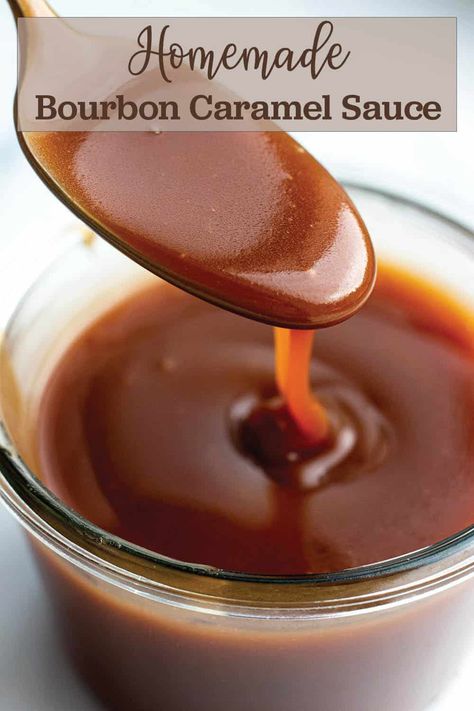 This bourbon caramel sauce has the classic creamy caramel taste with a punch of bourbon flavor. It's perfect for all bourbon lovers to add a hint to your favorite desserts. Use the sauce on top of cheesecakes, cookies or your favorite coffee drink. Bourbon Cheesecake, Caramel Bourbon, Bourbon Caramel Sauce, Bourbon Caramel, Bourbon Caramels, Bourbon Cream, Bourbon Sauce, Alcoholic Desserts, Caramel Recipes Sauce