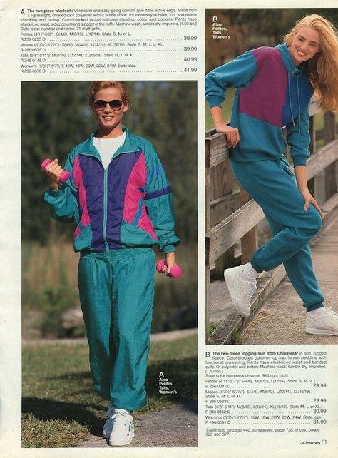 OMG yessss, you match those weights to your windsuit. Speedwalk like the wind. | The 21 Most Embarrassing Pages Of The 1993 J.C. Penney Fall Catalog 90s Windbreaker Outfit, Parents Closet, 80s Track Suit, 80s Windbreaker, Windbreaker Outfit, 90s Windbreaker, 80’s Fashion, Tracksuit Outfit, Track Suit