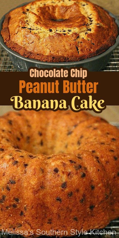 Chocolate Chip Peanut Butter Banana Bundt Cake Peanut Butter And Banana Cake, Banana Butter Cake, Peanut Butter Banana Cake Recipe, Banana Peanut Butter Cake, Banana Peanut Butter Chocolate, Easy Bundt Cake Recipes, Chocolate Chip Bundt Cake, Banana Bundt Cake, Banana Bundt