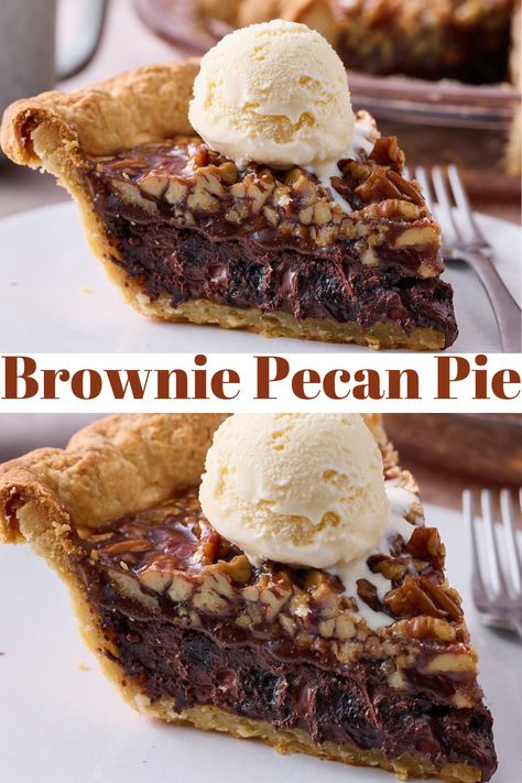 The best Thanksgiving recipe for dessert? Brownie Pecan Pie recipe!!! With an all butter crust, brownie filling, and pecan pie topping, this is the ultimate Thanksgiving dessert recipe. Pecan Pie With Streusel Topping, Thanksgiving Pie Desserts, Pecan Chocolate Chip Pie, Brownie Pecan Pie Recipe, Fancy Pecan Pie, Pecan Brownie Pie, Pecan Pie Variations, Brownie Pecan Pie Ooey Gooey Butter Cake, Quick And Easy Pies