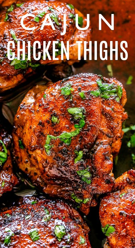 Roasted Cajun Chicken Thighs - Flavorful and juicy oven-roasted chicken thighs prepared with the tastiest cajun rub and served over simple, but delicious cauliflower rice. #chickenrecipes #chickenthighs #cauliflowerrice #cajun Chicken Thighs And Cauliflower, Cajun Chicken Thighs, Oven Roasted Chicken Thighs, Chicken Thights Recipes, Cajun Chicken Recipes, Cajun Dishes, Cajun Creole Recipes, Roasted Chicken Thighs, Rice Chicken