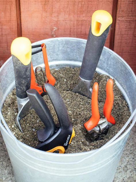 DIY Tool Cleaning Station: The Fastest Way to Clean Garden Tools – Garden Betty Garden Supply Storage Ideas, Ways To Store Garden Tools, Outdoor Yard Tool Storage Ideas, Organizing Garden Supplies, Diy Garden Tool Holder, Garden Organization Ideas, Hanging Garden Tools, Garden Shed Organization Ideas, Garden Tool Caddy