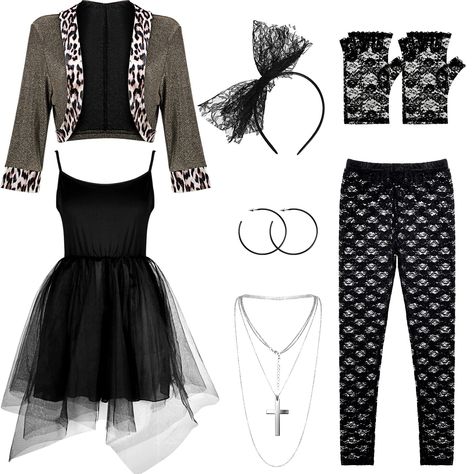 PRICES MAY VARY. Sufficient and Thoughtful Set: the package contains 7 pieces of accessories for 1980s clothes in all, including 1 piece of jacket that is trimmed with leopard print, 1 black tutu dress, 1 lace headband, 1 silver cross necklace, 1 pair of black legging pants, 1 pair of hoop earrings, 1 pair of lace gloves, which are sufficient and thoughtful combination that can satisfy your dressing needs at 80s parties Comfortable and Trustworthy to Wear: the jacket is made of polyester and vel