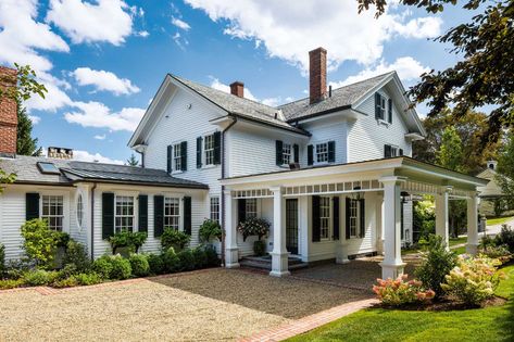 In Praise of the Porte-Cochère | Boston ... White House With Black Shutters, House Exterior Black, House With Black Shutters, White House Exterior, Big White House, Patrick Ahearn Architect, Patrick Ahearn, Louvered Shutters, Black Shutters