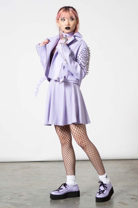 SUSPEND ME. - Soft Stretch Fabric.- Statement Suspenders w. Buckles.- Full Front-Zip.- Generous Flare.- Fitted. Wash Cold - Gentle Cycle. with KILLSTAR Branding, 60% Rayon, 35% Nylon, 5% Elastane. Pastel Goth Winter Outfits, Pastel Goth Style, Pastel Emo Outfits, Fitted Purple Pastel Goth Dresses, Rainbow Goth, Pastel Goth Outfits Aesthetic, Pastel Punk Outfits, Pastel Goth Fitted Pink Skirt, Purple Pastel Goth