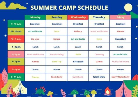 Creative Colorful Summer Camp Schedule Summer Camp Schedule, Camp Schedule, Curriculum Template, Business Budget Template, Summer Day Camp, Daily Schedule Template, Summer Schedule, Icebreaker Activities, Kids Schedule