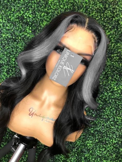 Grey Skunk Stripe Wig, Black And Silver Hair Color Ideas, Black And Silver Lace Front Wig, Black And Grey Wig, Gray Skunk Stripe Hair, Silver Skunk Stripe Hair, Grey Skunk Stripe Hair, Wig With Grey Highlights, Wigs Ideas