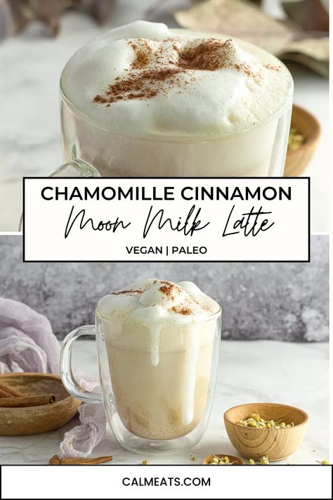 This chamomile cinnamon moon milk latte is a calming and warming drink that's excellent for soothing a stressed nervous system and restoring some balance in your day. #chamomiledrinks #chamomilelatte #chamomilemoonmilk #relaxingdrinks #moonmilkrecipes #nocaffeinelattes Nutmeg Milk Sleep, Chamomile Moon Milk, Infused Milk Recipes, Healthy Milk Tea Recipe, Moon Milk For Sleep, Nighttime Drinks Healthy, Hot Milk Recipes, Night Time Tea Recipe, Vanilla Cinnamon Milk Tea