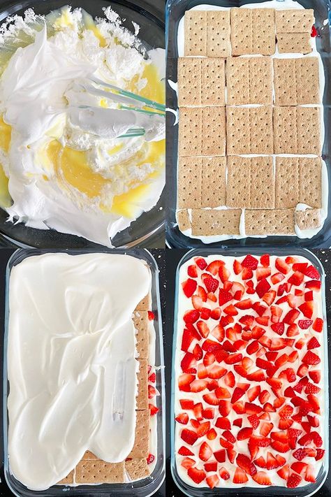 No Bake Icebox Cake, Frozen Strawberry Desserts, Cake No Bake, Refrigerator Cake, Easy Strawberry Desserts, Strawberry Icebox Cake, Strawberry Shortcake Cheesecake, Icebox Cake Recipes, Cookies And Cream Cake