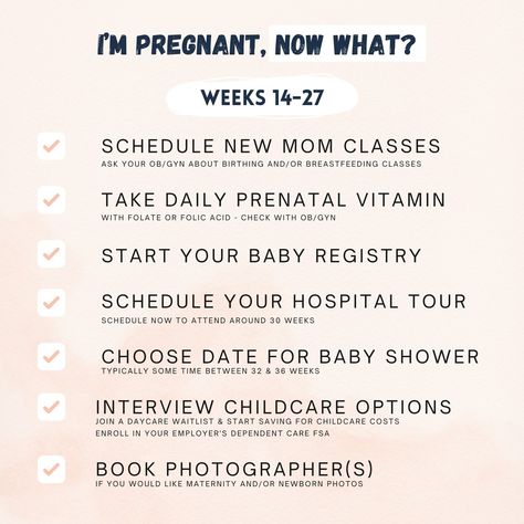 I'm pregnant, now what? Checklist for weeks 14-27+ First trimester ✅  The second trimester is most women’s favorite! Less nausea 🥳  More energy 🤩  Baby Registry 👀   Let Stress Less Mom guide you through the second trimester as you prepare for your baby’s arrival!  #firsttimemom #pregnancy #momlife #pregnancyjourney #secondtrimester #stresslessmom #pregnant #babyregistry Second Trimester Checklist, Pregnant Now What, First Trimester Pregnancy, Second Trimester, I'm Pregnant, Trimesters Of Pregnancy, Pregnancy Journey, First Trimester, More Energy