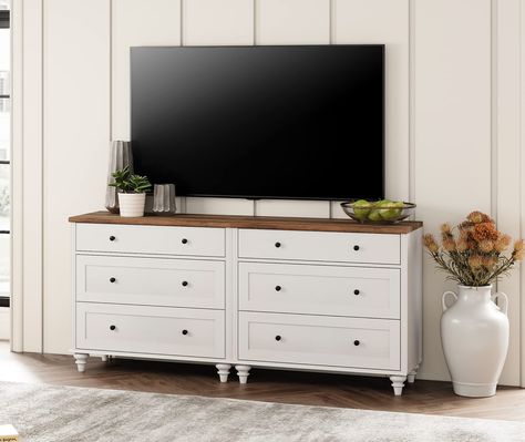 PRICES MAY VARY. 【2-in-1 Multipurpose Dresser TV Stand】The 2-in-1 large dresser can be used together as 6 drawer dresser or tv stand for 75 inch tv, or used separately as two 3 drawer dressers with distresser suface is very classic and elegant which blends in easily with any decor. It is ideal as a baby dresser, kids dresser and console table, etc. 【Ample Storage Space】Featuring 6 deep drawers, the 70 inch wood tv console is great to organize your clothes, blankets, etc. The bedroom dresser maxi Dresser With Tv Mounted Above Bedroom, Tv Dresser Living Room, Tv And Dresser Bedroom, Dresser Kids, Mid Century Modern Tv Console, Dresser Entertainment Center, Tv Dresser, 60 Inch Tv, Vintage Tv Stand