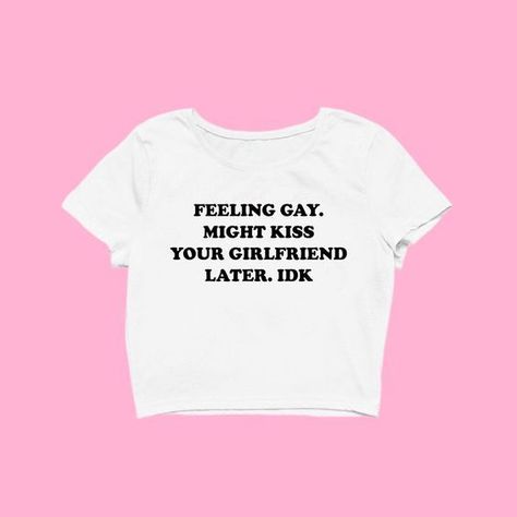 Express your pride with this cheeky "FEELING GAY" cropped tee. Perfect for pride parade outfits, gay pride ally shirts, or simply showing off your LGBTQ+ pride in style. Perfect for lesbian pride shirt ideas. Pride Shirts Funny, Funny Lesbian Shirts, Lesbian Shirts Funny, Lesbian Pride Outfits, Pride Shirt Ideas, Bi Pride Outfit, Graphic Tees Design Prints, Lesbian Clothes, Pride Fits