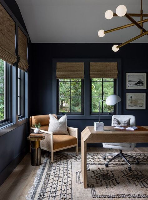 deep blue home office Blue Wall Home Office, Slate Blue Office, Dark Blue Office Ideas, Mans Office At Home, Gray Blue Office, Navy Office Ideas, Home Office Navy, Navy Home Office, Monochromatic Office