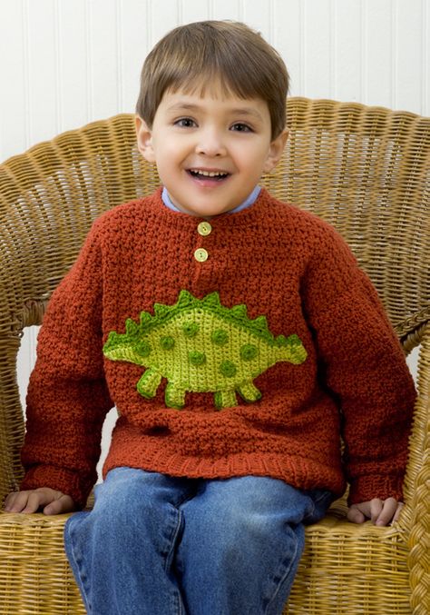 Dinosaur Sweater Crochet Pattern from Red Heart Yarn | FaveCrafts.com Dino Sweater, Crochet Dinosaur Patterns, Dinosaur Sweater, Irish Crochet Dress, Crochet Toddler, Crochet Dinosaur, Easy Crochet Patterns Free, All Free Crochet, Crochet For Boys