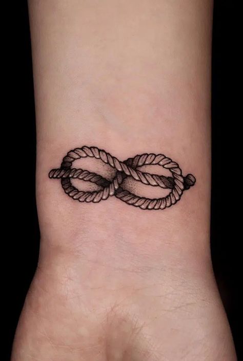 Rope Infinity Tattoo, Rope Knot Tattoo Meaning, A Knot Tattoo, Infinity Tattoo With Anchor, Hardest Knot To Untie Tattoo, Overhand Knot Tattoo, Infinite Knot Tattoo, Family Knot Tattoo, Corda Tattoo