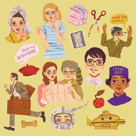 Wes Anderson Style Illustration, The Royal Tenenbaums Art, Wes Anderson Painting, Wes Anderson Print, Wes Anderson Fan Art, Wes Anderson Drawing, Wes Anderson Makeup, Wes Anderson Women, Wes Anderson Tattoo Ideas