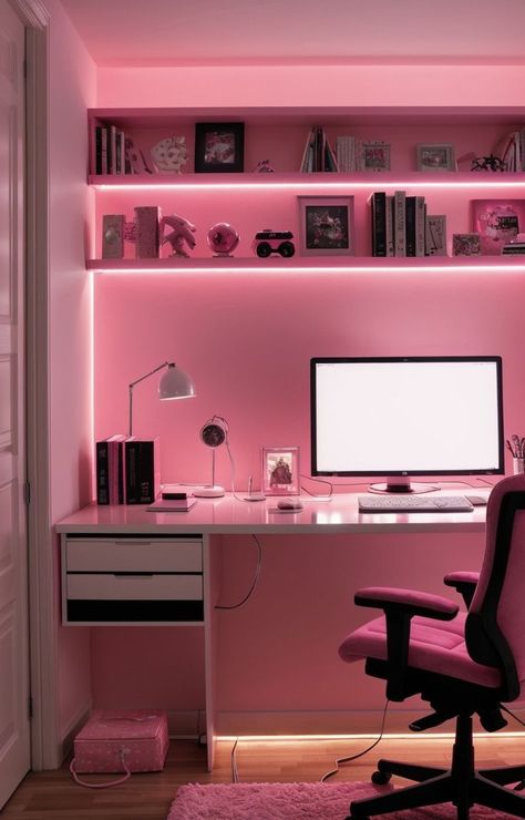 Led Lights For Desk, Simple Pink Desk Setup, Pink Accessories For Bedroom, Pink Wfh Setup, Led Study Room, Pink Lights Bedroom, Pink Light Bedroom, Gaming Desk Girl, Pink Room Lights