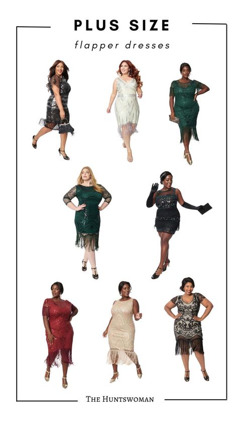 Collage of plus size flapper dresses in different colors from black to white to cream to red to gold and white Plus Size Great Gatsby, Flapper Outfit Ideas, Plus Size Gatsby Dress, Gatsby Plus Size Dress, 1920s Plus Size Fashion, Plus Size Roaring 20s Outfit, Plus Size Gatsby Outfit, Plus Size Flapper Dress Roaring 20s, Plus Size 1920's Outfit