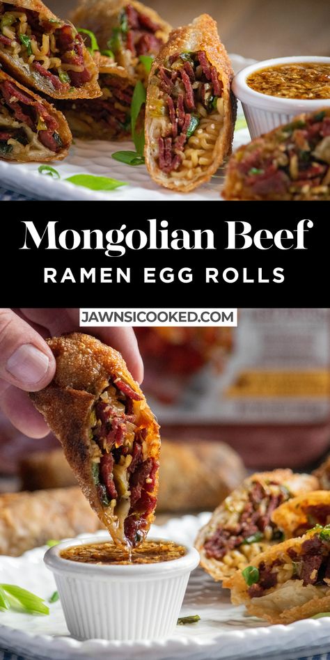 Ramen And Egg, Mongolian Beef Ramen, Mongolian Sauce, Beef Ramen, Egg Roll Filling, Ramen Egg, Angus Steak, Bite Size Appetizers, Chinese Cooking Recipes