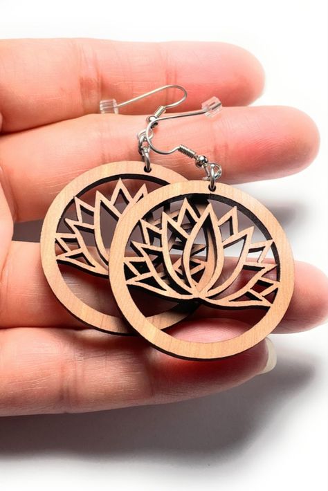 Lotus Flower Earrings Small Gifts Ideas, Laser Cut Wood Earrings, Wood Resin Jewelry, Lotus Earrings, Vintage Revival, Handmade Sellers, 3d Laser, Business Promotion, Acrylic Jewellery