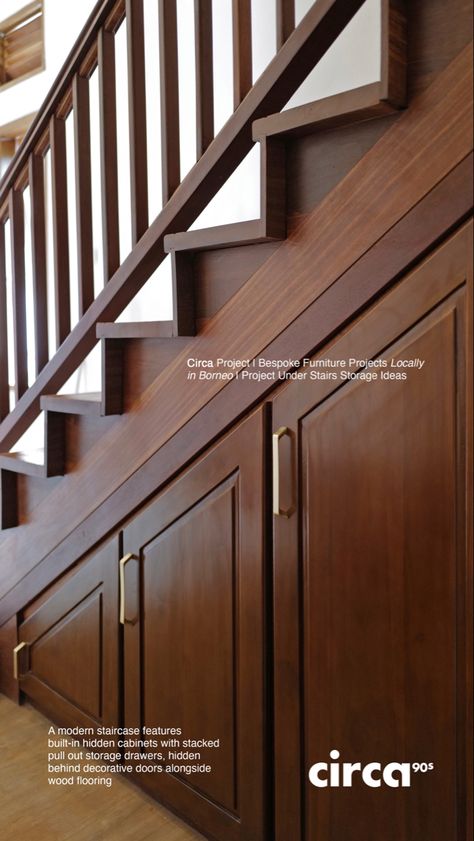 A modern staircase features built-in hidden cabinets with stacked pull out storage drawers, hidden behind decorative doors alongside wood flooring Ideas Under Stairs, Pull Out Storage, Decorative Doors, Under Stairs Storage, Hidden Cabinet, Stairs Storage, Understairs Storage, Stair Storage, Modern Staircase