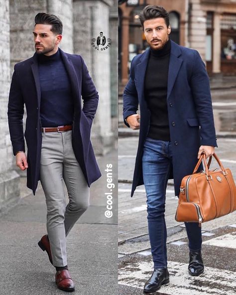 Cool Gents on Instagram: “🔥outfits! Left or right? Leave your thoughts on the looks below👇👇. . . . . . . . . . #clothingformens #streetfashion #menfashions…” Mens Navy Blue Outfit, Grwm Men, Navy Coat Outfit, Mens Formal Outfits, Navy Overcoat, Navy Blue Outfit, Smart Casual Menswear, Casual Menswear, Smart Casual Men