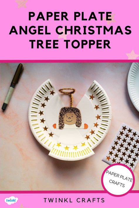 paper plate turned into an angel with gold halo and gold stars Paper Plate Christmas Tree, Plate Christmas Tree, Angel Diy, Diy Tree Topper, Angel Christmas Tree Topper, Angel Tree Topper, Diy Tree, Paper Plate Crafts, Christmas Tree Topper