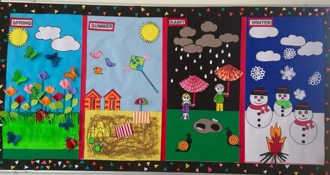 Season Theme Board Ideas For Preschool, Season Theme Board Ideas, Seasons Theme Boards For Preschool, Weather Board Preschool, Seasons Chart Preschool, Season Bulletin Board Ideas, 1st Day At School Frame, Nursery Display Boards, Ib Pyp Classroom