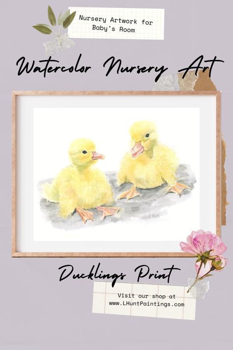 Two yellow watercolor ducklings sitting side by side in a grey puddle Ducklings Drawing, Neutral Nursery Artwork, Toddler Boy Bedroom, Toddler Girl Bedroom, Watercolor Nursery Art, Cute Ducks, Watercolour Nursery Art, Neutral Artwork, Boy Toddler Bedroom