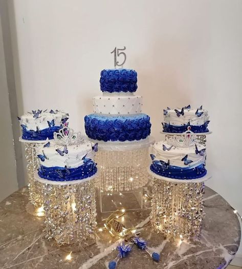 Royal Blue Butterfly Cake, Navy Blue Quince Cake Ideas, Quinceanera Cakes Blue, Royal Blue Cake Quinceanera, Blue Quince Cake, Blue Quinceanera Cake, Royal Blue Quince Cake, Quinceanera Cake Ideas, Quince Cake Ideas